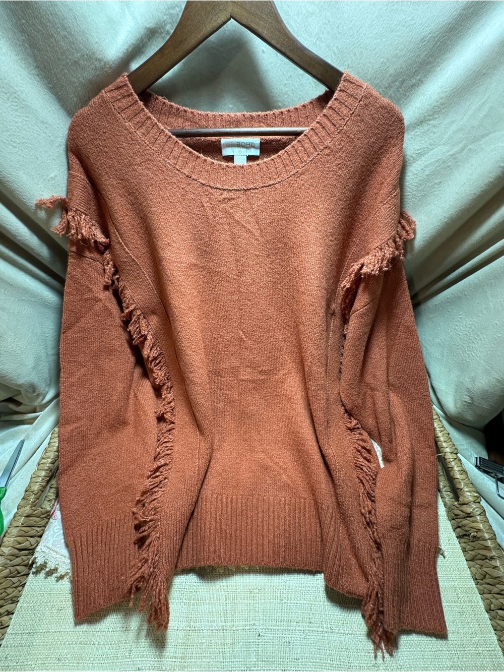 Belle by Kim Gravel L Rust Fringe Knit Sweater Boho Crew Neck Fall Pullover